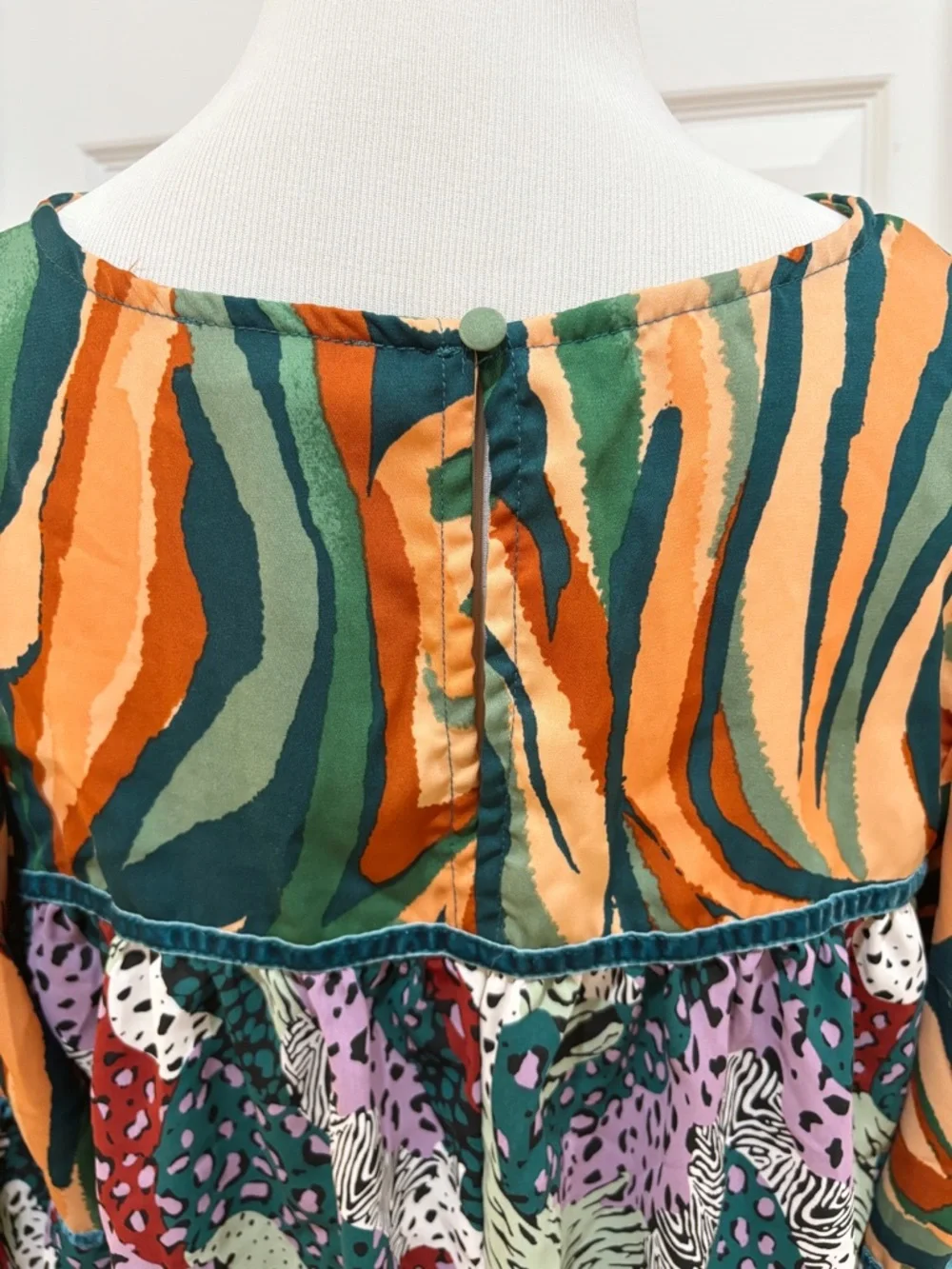 UMGEE Mixed Printed Green Multi-Color Blouse With Velvet Details Size M - Picture 9 of 11